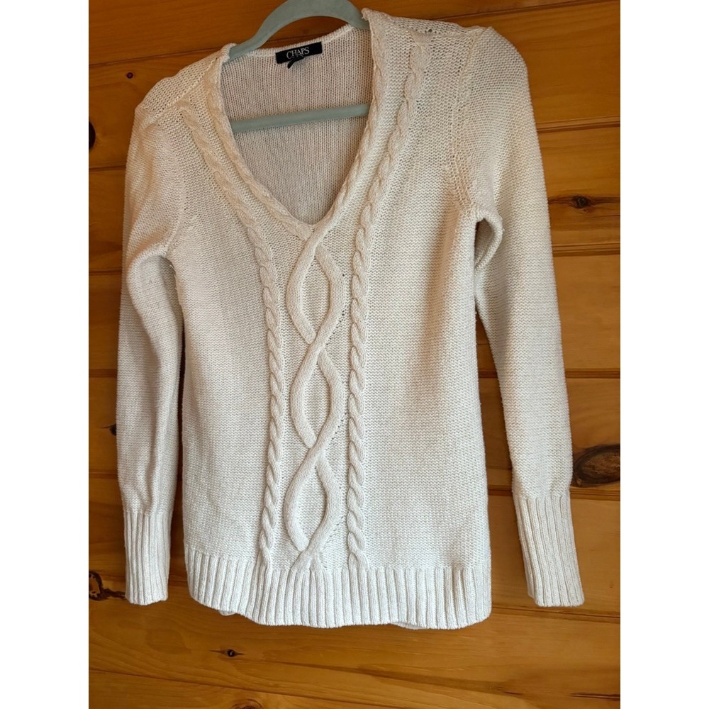 CHAPS Cable Knit Sweater Cream V Neck Long Sleeve Metallic Sparkle Women Small